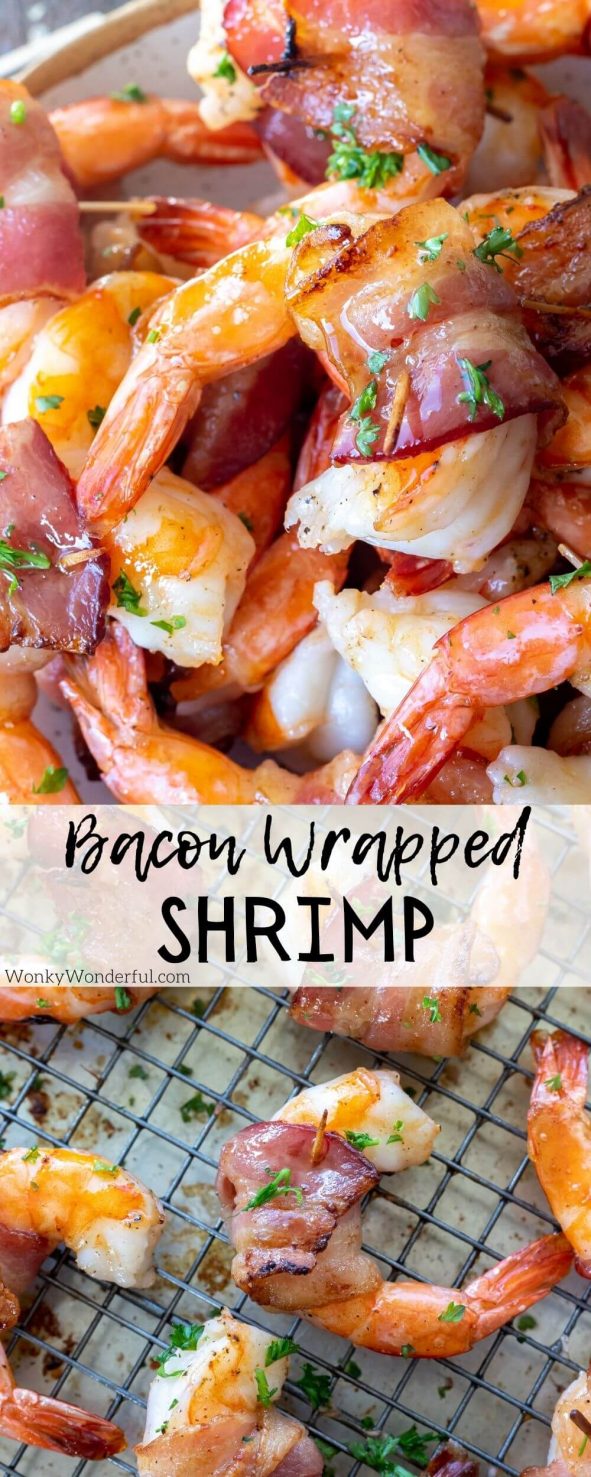 Bacon Wrapped Shrimp with a saucy glaze are an easy appetizer. Perfect for game day, holidays, parties or potlucks. #shrimprecipes #appetizerrecipes #baconwrappedshrimp #partyrecipes #gamedayrecipes #holidayrecipes bacon wrapped shrimp pinnable image with title text