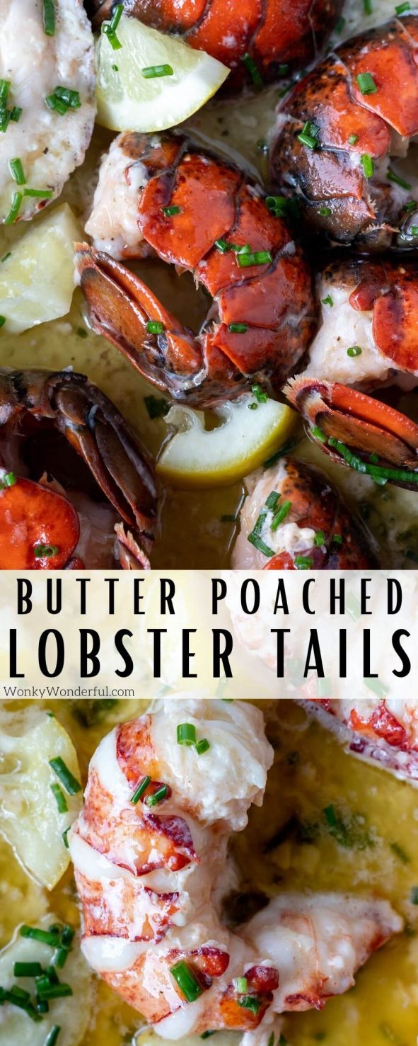 If you want an easy method to cook lobster that makes it juicy and tender look no further. Learn How To Butter Poach Lobster Tails with the shells on or off. #lobsterrecipes #holidayrecipes #poachedlobster #lobstertails butter poach lobster tails pinnable image with title text