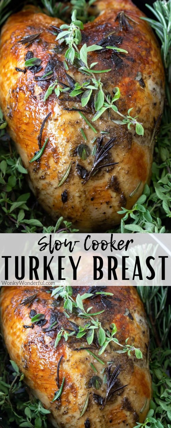 crockpot turkey breast pinnable image with title text