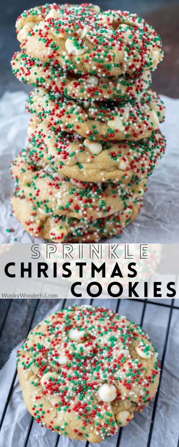 These Easy Christmas Cookies begin with a basic chocolate chip cookie base then coated with red, green and white nonpareil sprinkles. A fun festive holiday cookie that everyone will love! #cookierecipes #christmascookies #christmasrecipes christmas cookies pinnable image with title text