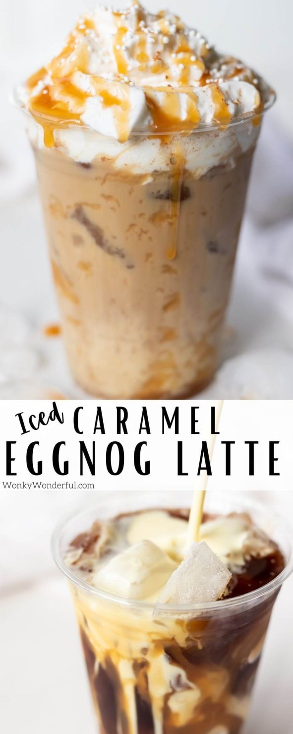 iced caramel eggnog latte pinnable image with title text