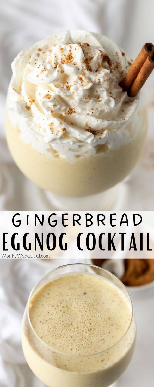 This Gingerbread Eggnog Cocktail is a super simple festive drink made with store bought eggnog, alcohol and gingerbread spice. A Christmas Cocktail that you can make in one minute to add a little sparkle to the season! #christmascocktails #eggnogcocktails #christmasrecipes gingerbread eggnog cocktail pinnable image with title text