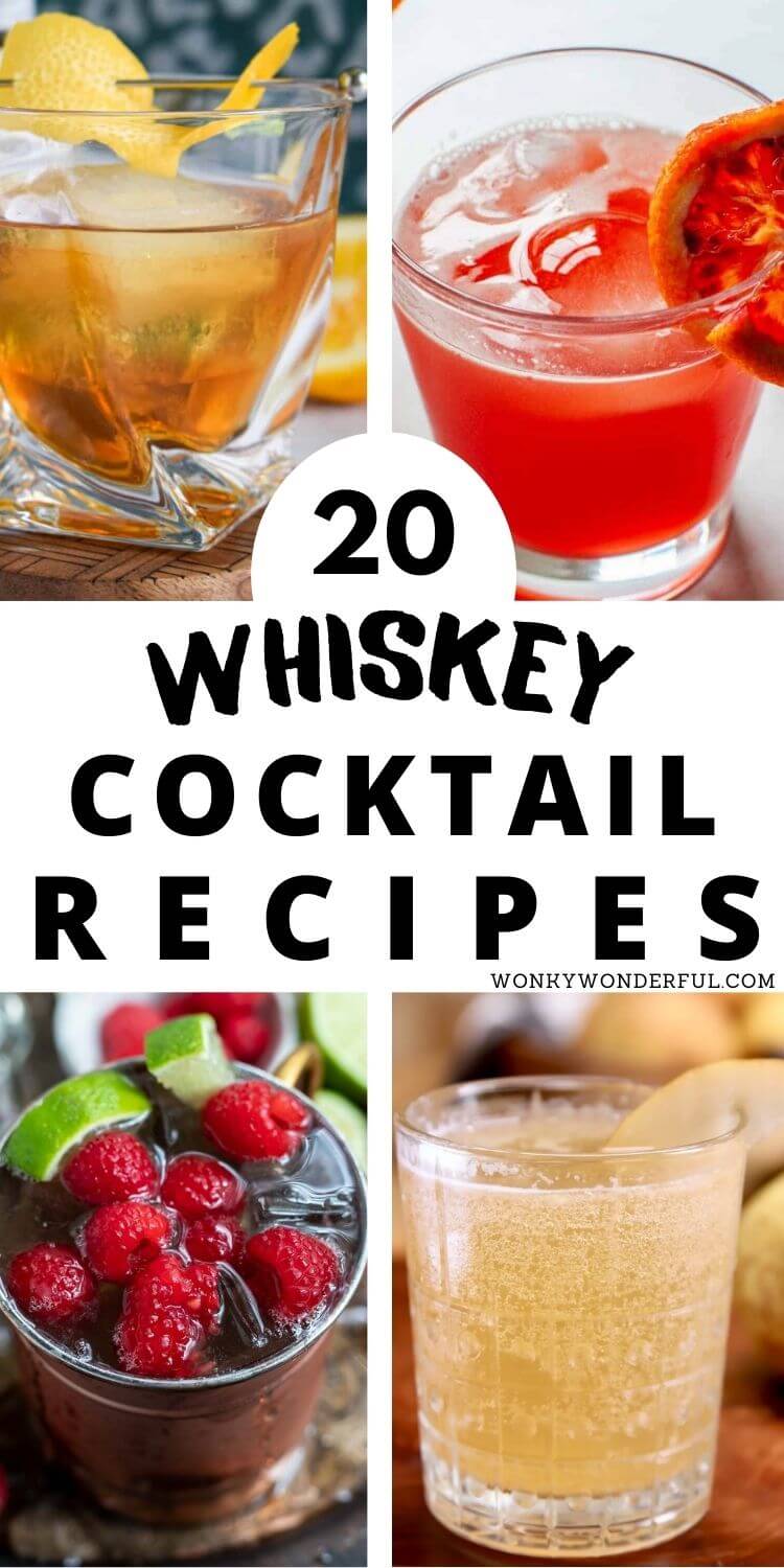 whiskey cocktails pinnable image with title text