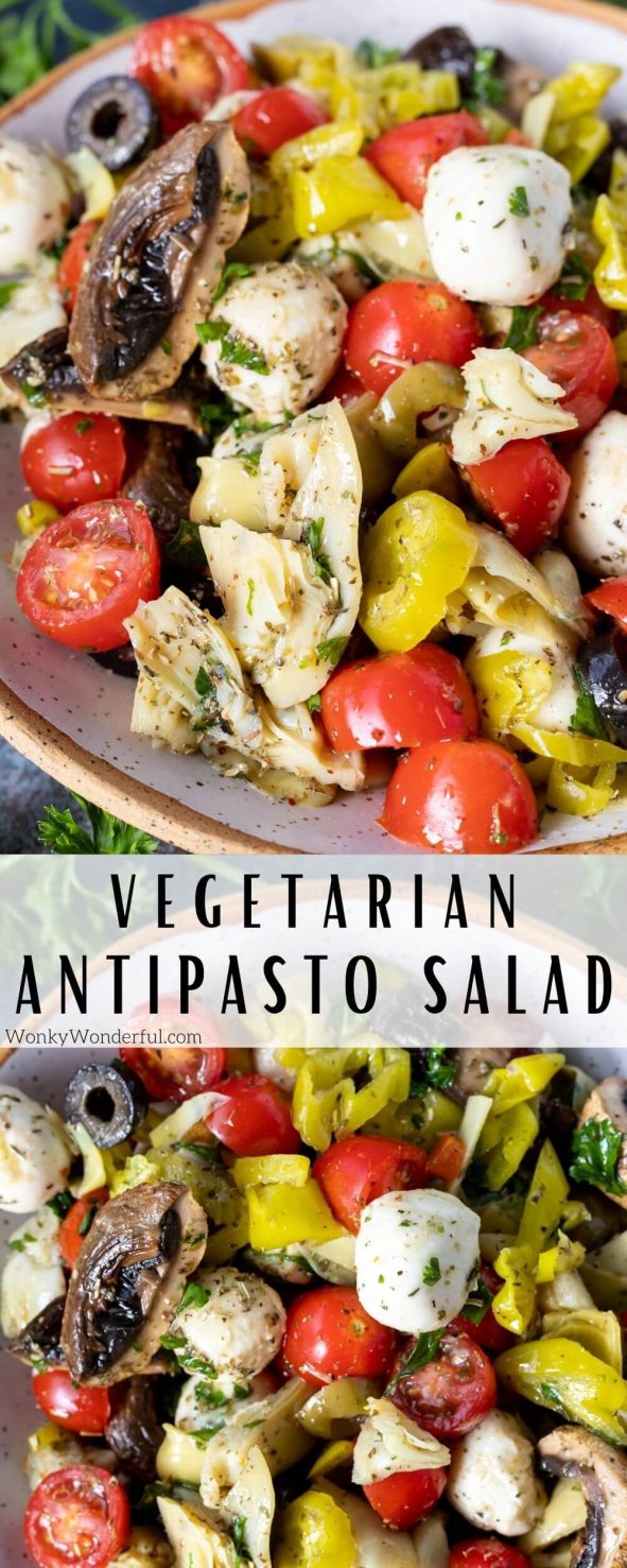 vegetarian antipasto salad recipe pinnable image with title text