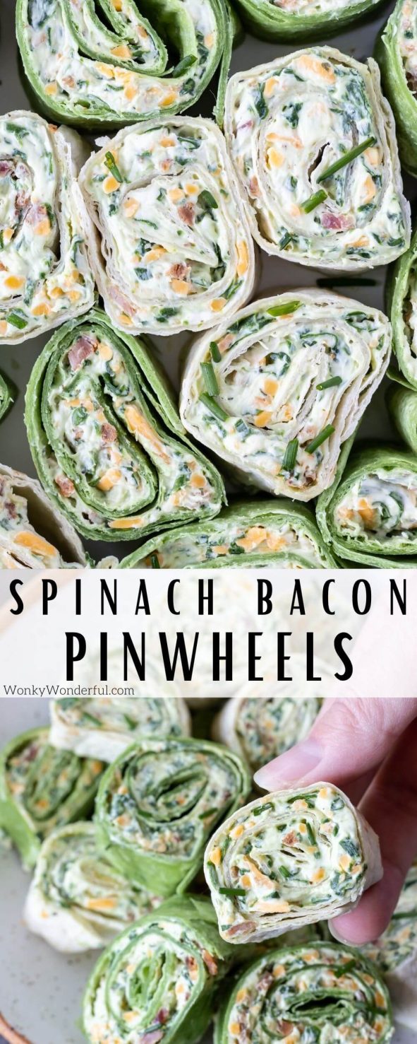 Bacon Spinach Roll Ups are quick and easy appetizer to serve at holidays or parties. Bacon, spinach and cream cheese wrapped into a tortilla pinwheel make a great appetizer, snack or lunch. #pinwheels #appetizerrecipes bacon spinach roll ups pinnable image with title text