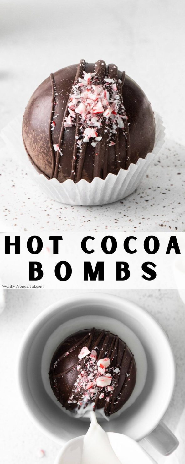 The latest popular holiday trend is Hot Cocoa Bombs. With this Hot Chocolate Bombs Recipe you can make them right at home. Perfect for hot chocolate nights with the kids or to give as Homemade Christmas Gifts. #cocoabombs #hotchocolatebombs #christmasrecipes #christmasgifts #hotcocoa Hot chocolate bombs pinnable image with title text