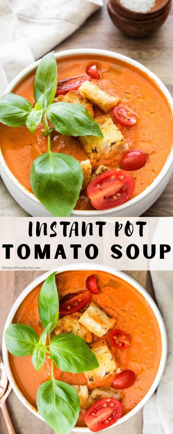 Instant Pot Tomato Soup is an easy and comforting lunch or dinner. This is the perfect pressure cooker recipe for beginners. #instantpotrecipes #pressurecookerrecipes #tomatosouprecipes instant pot tomato soup pinnable image with title text