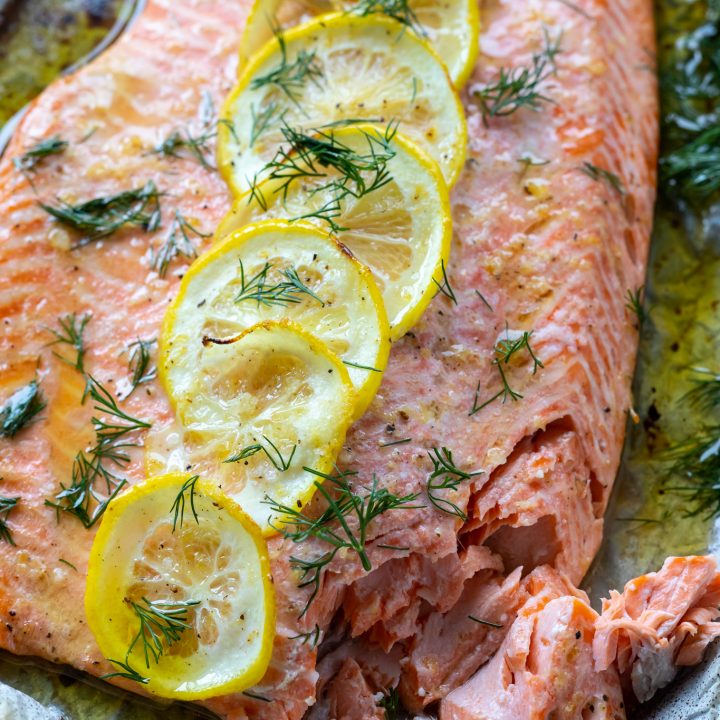 cooked salmon with chunks flaked off