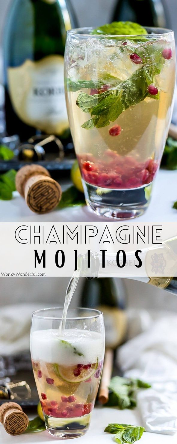 This Mojito Champagne Drink is inspired by mojitos with lime, mint and champagne. We are using honey to add a touch of sweetness and pomegranate seeds to make this champagne cocktail festive. #champagnecocktails #cocktailrecipes mojito champagne drink pinnable image with title text