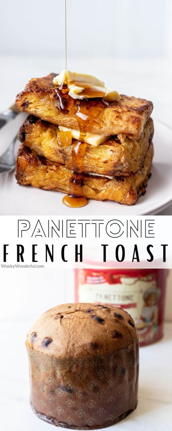 Panettone French Toast is the perfect way to use up that Italian sweet bread you got for Christmas. Make this festive recipe for holiday breakfast or brunch. #christmasrecipes #christmasbreakfast #breakfastrecipes panettone French toast pinnable image with title text