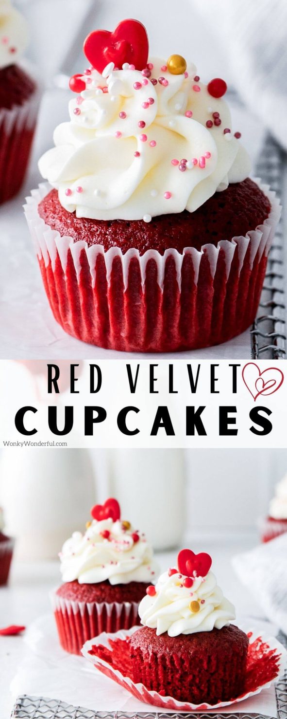 This Red Velvet Cupcakes Recipe is the perfect Valentine's Day Dessert for your sweetheart. Tender red velvet cake topped with cream cheese frosting is a great treat for any time of year. #redvelvetrecipes #cupcakerecipes #dessertrecipes #valentinesdayrecipes red velvet cupcakes recipe pinnable image with title text