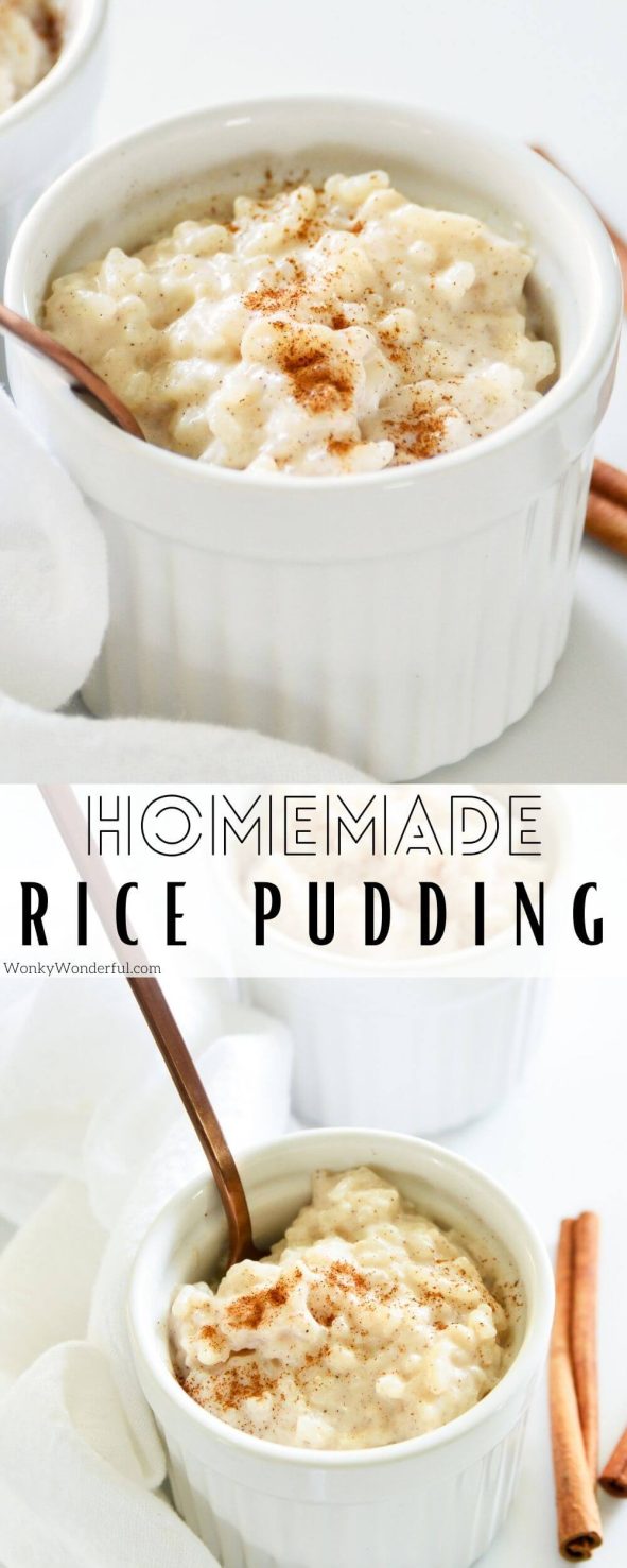 This Homemade Rice Pudding Recipe is a super simple way to make this amazing old fashioned dessert. Creamy sweet rice thickened and spiced with cinnamon. #dessertrecipes #ricepudding #desserts homemade rice pudding recipe pinnable image with title text