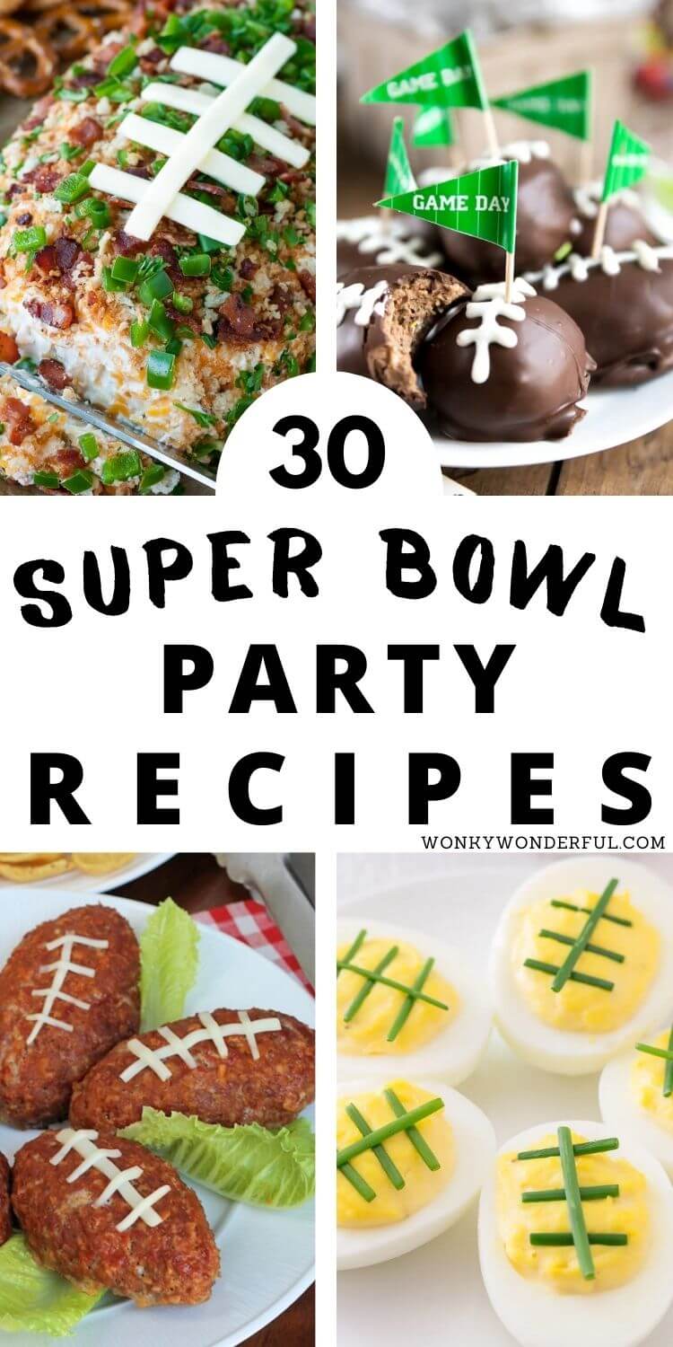 So many amazing Super Bowl Food Ideas right here for your tailgate parties! Everything from dips, meatballs, pinwheels, sandwiches, chicken wings, fried food, football shaped foods and more. These Super Bowl Snacks are sure to be crowd pleasers. #superbowlfood #superbowlrecipes #gamedayfood #partyfood super bowl food pinnable image with title text