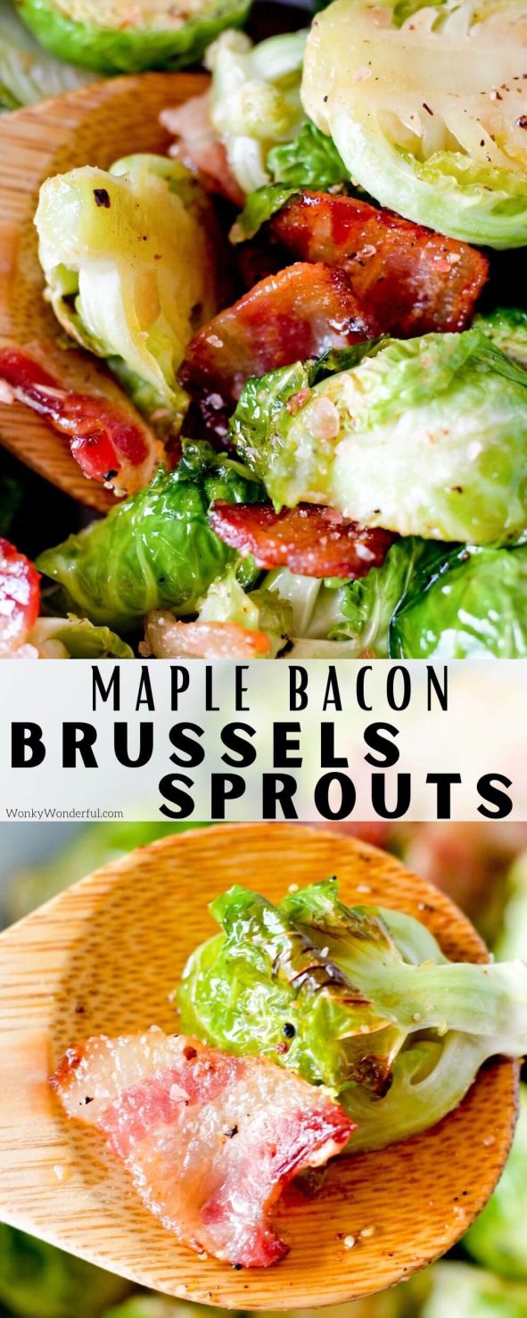 Roasted Maple Bacon Brussels Sprouts make a great vegetable side dish for dinner. This easy Brussels sprouts recipe is loaded with flavor with just 3 ingredients! #baconbrusselssprouts #brusselssproutsrecipes #sidedishrecipes maple bacon brussels sprouts pinnable image with title text