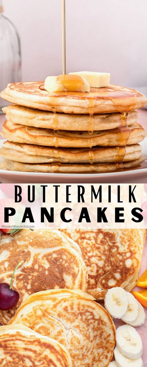 This Classic Buttermilk Pancakes Recipe is perfect for breakfast and brunch. Light, fluffy homemade pancakes made from scratch are the ultimate way to start your day! Great for feeding a hungry crowd. #pancakes #buttermilkpancakes #breakfastrecipes buttermilk pancakes pinnable image with title text