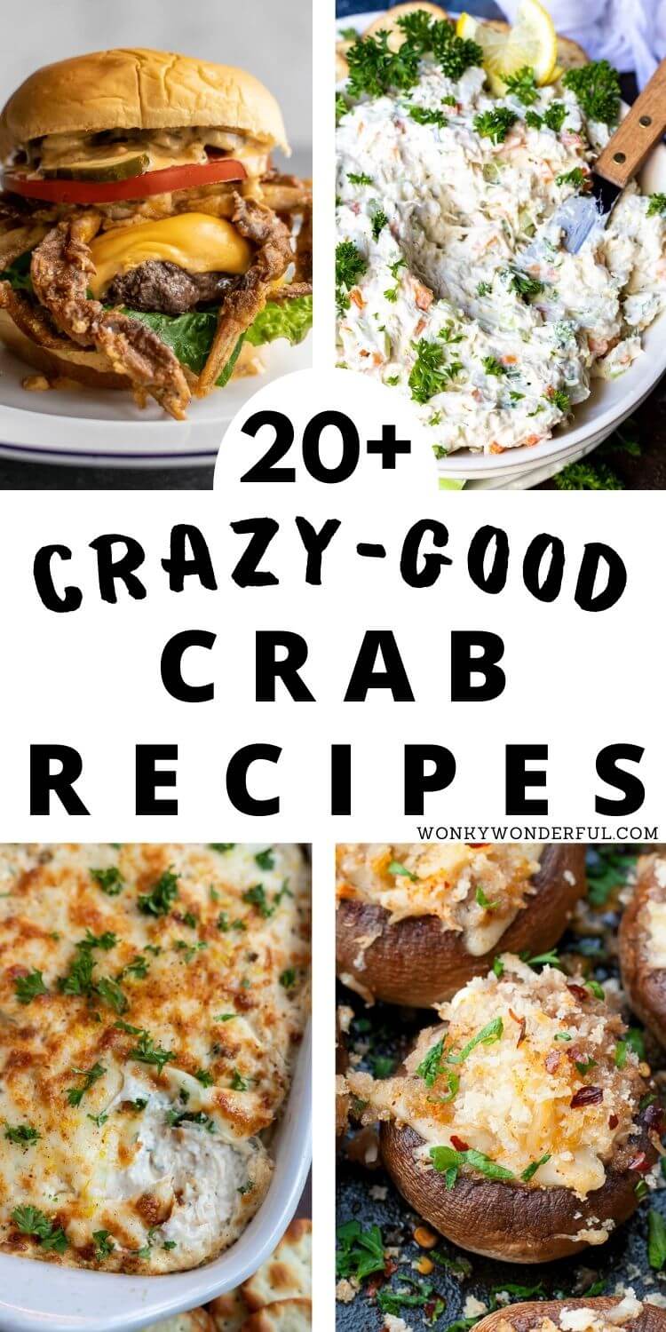 crab recipes pinnable image with title text