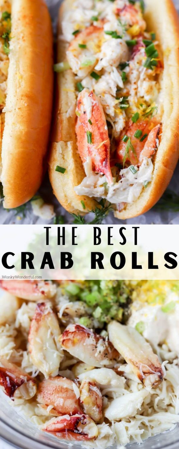 It's crab season and this Easy Crab Roll Recipe is the perfect way to enjoy fresh crab meat. Fresh picked crab meat tossed with mayo, lemon, celery, chives and Old Bay seasoning then piled onto a soft buttery roll. It doesn't get much better than this! #crabrolls #crabrecipes crab roll pinnable image with title text