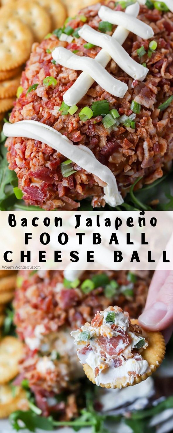This Football Cheese Ball with Bacon and Jalapeño is a fun way to serve your favorite appetizer on game day. This cream cheese ball is filled with cheddar, jalapeño and bacon then shaped and coated with more bacon to look like a football. #cheeseball #superbowlrecipes #gamedayrecipes #appetizerrecipes football cheese ball with bacon pinnable image with title text