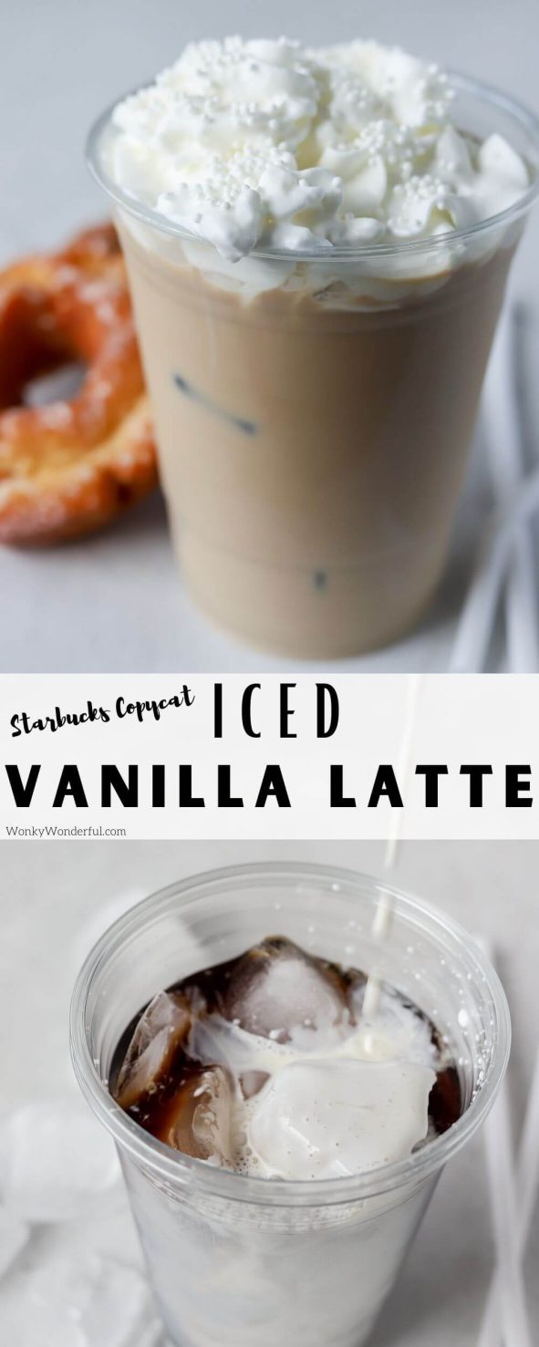 Make your favorite Starbucks drink at home. With this Iced Vanilla Latte Recipe you can skip the drive-thru and save a few bucks too! Just 3 ingredients and 2 minutes for this Starbucks Copycat! #starbucksrecipes #coffeerecipes #icedlatte iced vanilla latte pinnable image with title text