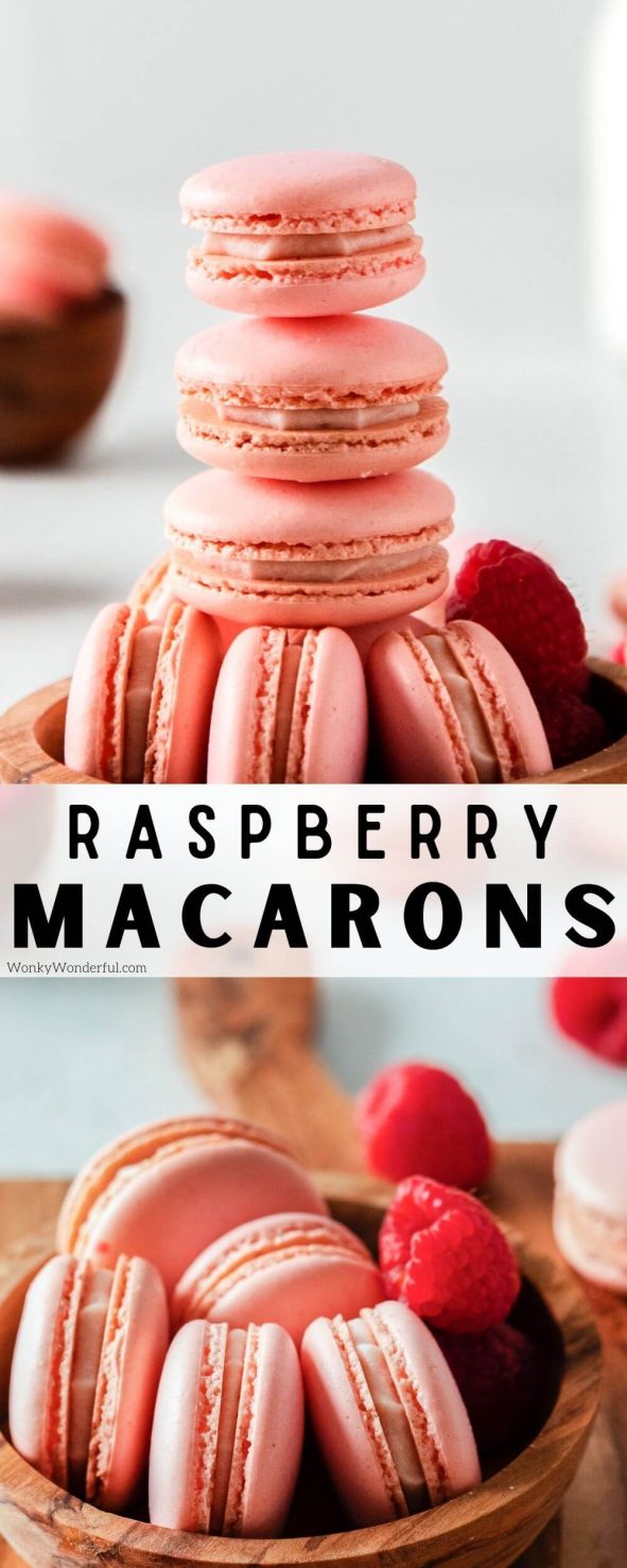 This Raspberry Macarons Recipe is the perfect treat for Valentine's Day or any time you are craving a fancy dessert. Delicate macaron cookies filled with raspberry buttercream. #macaronrecipes #macarons #valentinesdayrecipes #pink raspberry macarons pinnable image with title text