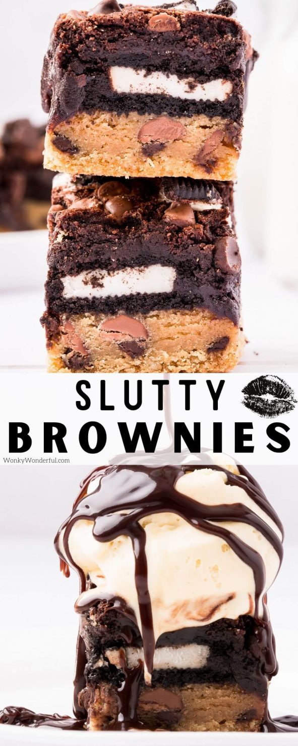 This Slutty Brownie Recipe is the ultimate indulgent dessert. Layers of chocolate chip cookie dough, Oreos and brownies all in one amazing treat! The cure for any chocolate craving! #sluttybrownies #brownierecipes #chocolaterecipes #dessertrecipes slutty brownie recipe pinnable image with title text