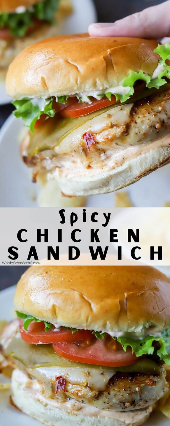 No need for a drive-thru dinner, make this Grilled Spicy Chicken Sandwich Recipe instead. Pan fried or grilled chicken breast, spicy mayo, a whole green chile, pepper jack cheese, tomatoes and lettuce on a soft golden bun. #chickensandwich #homemadefastfood #dinnerrecipes spicy chicken sandwich pinnable image with title text