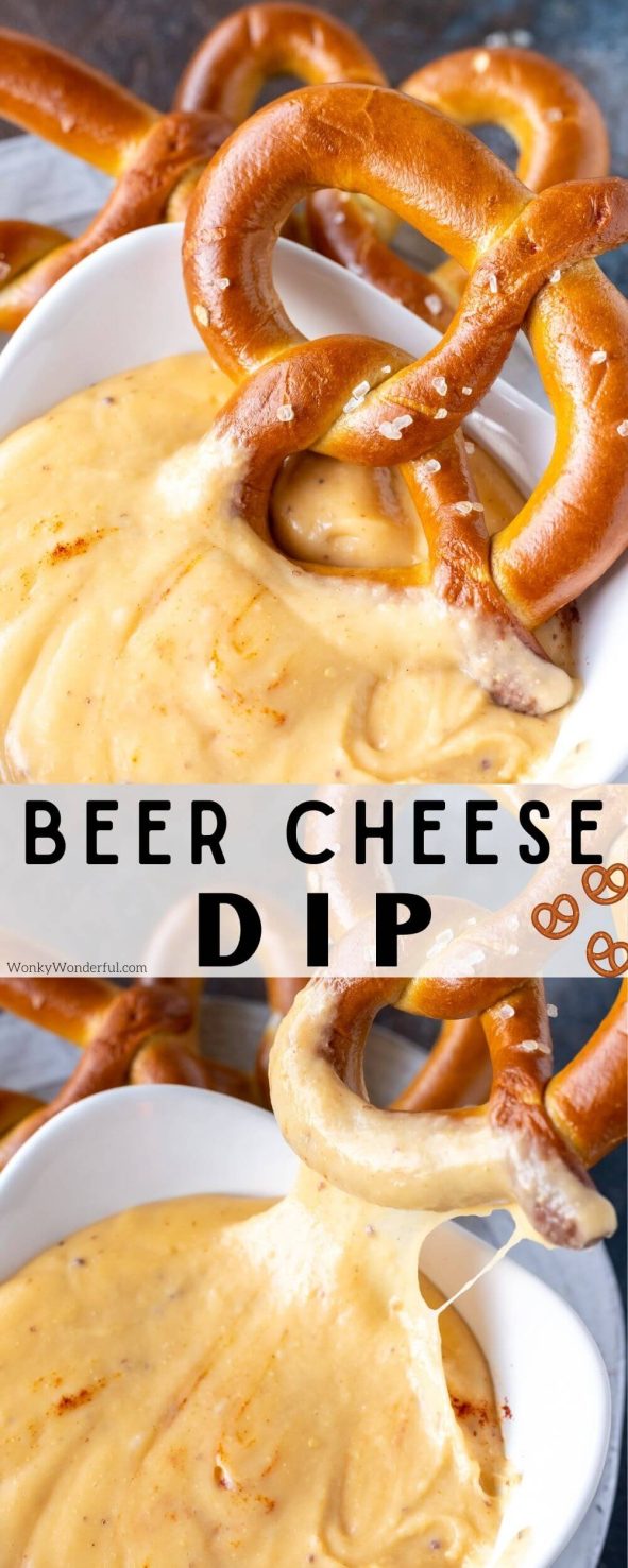 Beer Cheese Dip is a fantastic appetizer recipe and even works as a sauce. Perfect for holidays, parties and game-day. Dip pretzels, chips and/or veggies into this gooey cheesy sauce. #beercheese #appetizerrecipes #superbowlrecipes beer cheese dip pinnacle image with title text