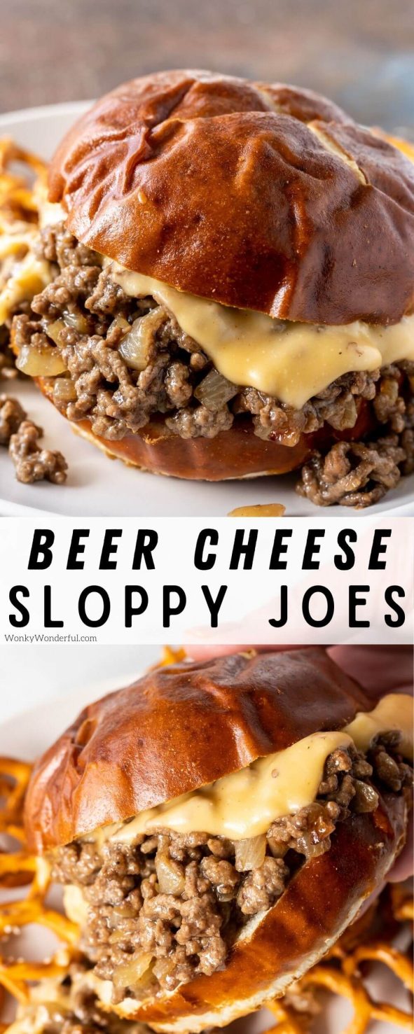 This Beer Cheese Sloppy Joe Recipe is a unique twist on a family favorite. A cross between a Sloppy Joe and a Loose Meat Sandwich, the meat is infused with Lager Beer then piled hight on a pretzel bun. The finishing touch is a generous topping of gooey Beer Cheese Sauce! Perfect for family dinner or game day grub. #sloppyjoerecipes #beercheeserecipes #superbowlrecipes #dinnerrecipes beer cheese sloppy Joe pinnable image with title text