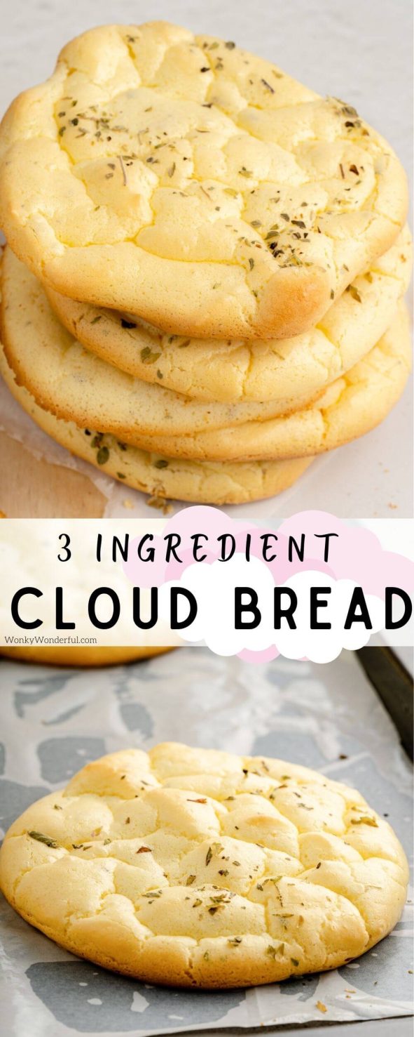 This Cloud Bread Recipe is a simple 3 ingredient low carb bread. A Keto-friendly bread made with eggs, cream cheese and cream of tartar that is perfect with your favorite toppings. #cloudbread #ketorecipes #lowcarbrecipes clod bread recipe pinnable image with title text