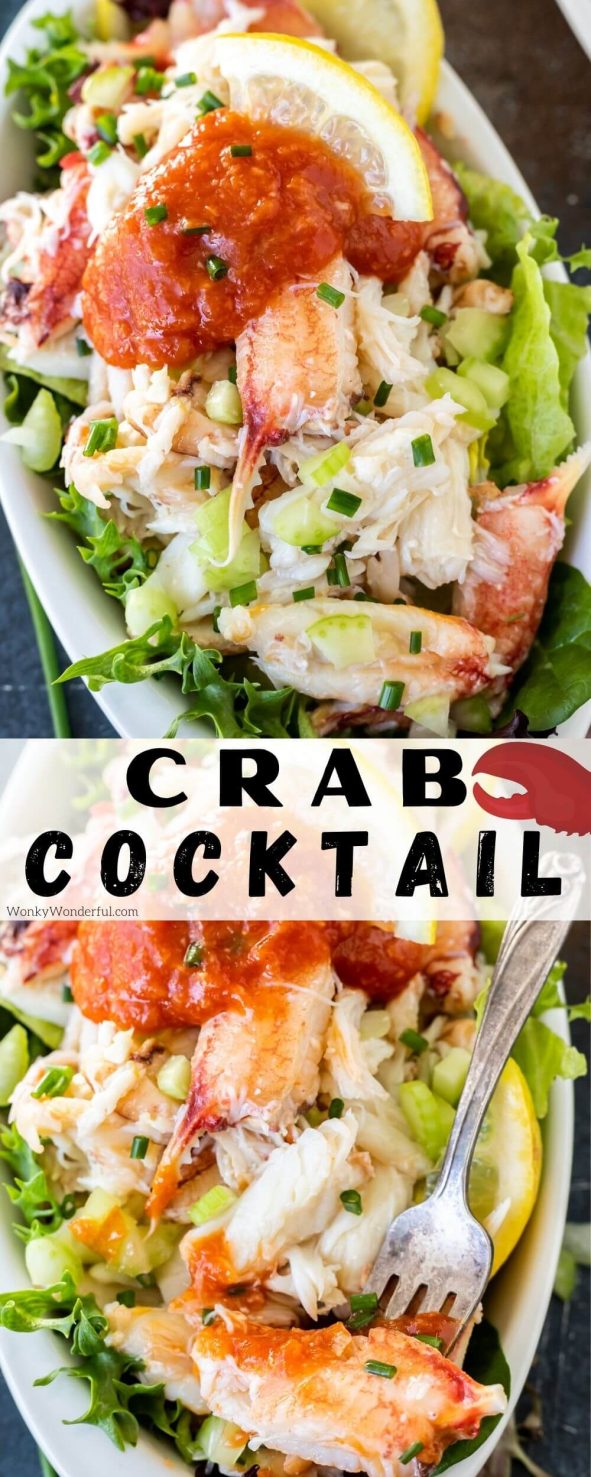 This Crab Cocktail Recipe is a simple dish that allows the fresh crab to shine. Crab Meat Cocktail is similar to shrimp cocktail but with lump crab meat instead. #crabrecipes crab cocktail pinnable image with title text