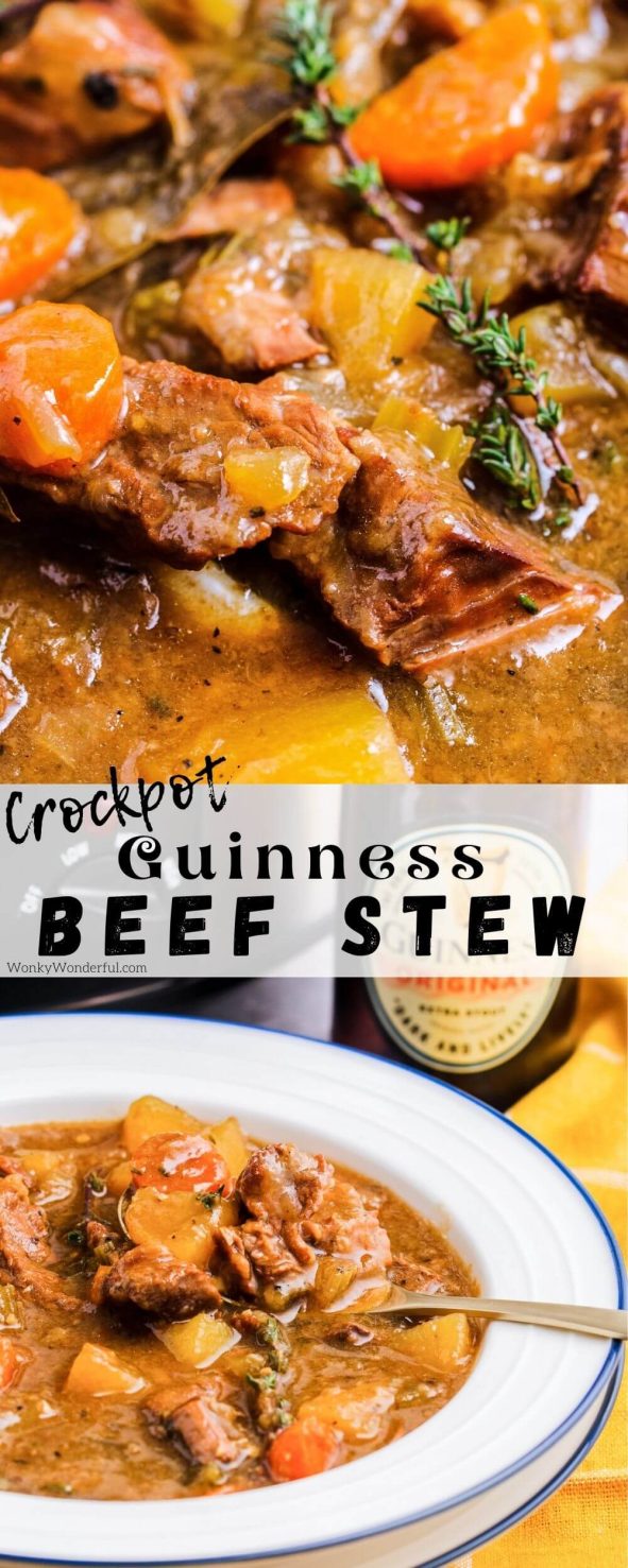 For a hearty dinner recipe make this Crockpot Beef Stew. Guinness Beef Stew cooked right in your slow cooker is the best kind of comfort food. #beefstewrecipes #crockpotrecipes #slowcookerrecipes crockpot beef stew pinnable image with title text