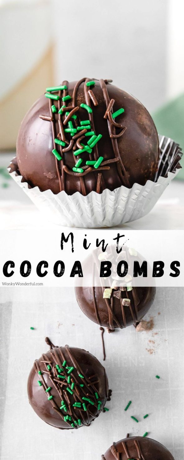 mint hot chocolate bombs pinnable image with title text