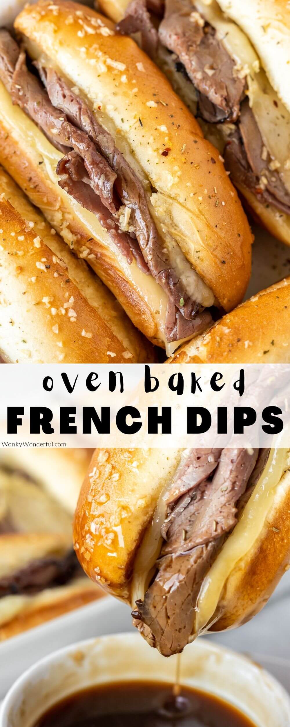 This Easy French Dip Sandwich Recipe requires just a few simple ingredients and about half an hour. Oven baked French Dips are perfect for parties, game-day or holidays. Great for feeding a hungry crowd! #frenchdipsandwiches #sandwichrecipes oven baked French dip sandwich recipe pinnable image with title text