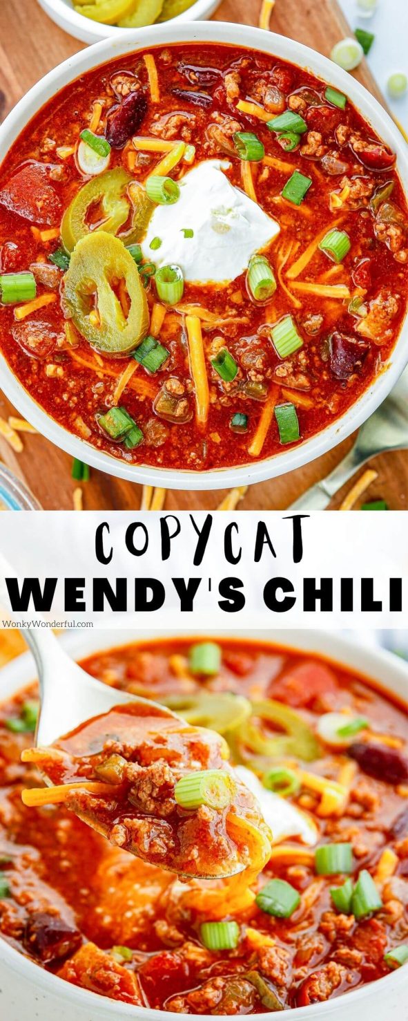 This Copycat Wendy's Chili Recipe is inspired by the famous chili from the fast food restaurant. A simple but flavorful stove-top chili recipe that takes about 45 minutes to make. Perfect for game-day, parties or an easy dinner. #chilirecipes #wendyschili #copycatrecipes #fastfoodrecipes #superbowlrecipes #gamedayrecipes copycat Wendys chili recipe pinnable image with title text