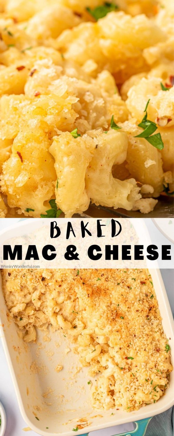 Homemade Baked Mac and Cheese is a classic comfort food. This is a three-cheese baked macaroni and cheese recipe, made using gruyere, white cheddar, and parmesan cheese topped with crunchy buttery panko! #macandcheese #bakedmacandcheese #sidedish baked Mac and cheese pinnacle image with title text
