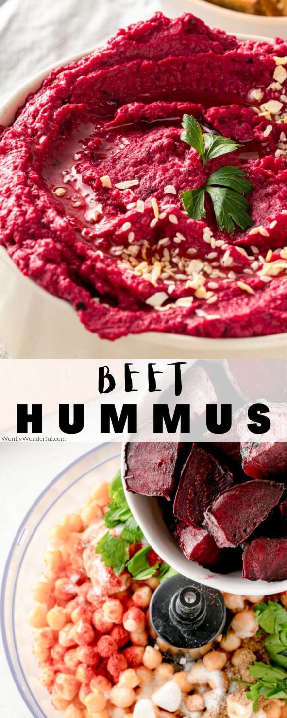 This Beetroot Hummus Recipe is a healthy snack perfect for parties, potlucks and holidays. Traditional hummus with the addition of roasted beets. #beethummus #hummusrecipe #bettroothummus beetroot hummus pinnable image with title text