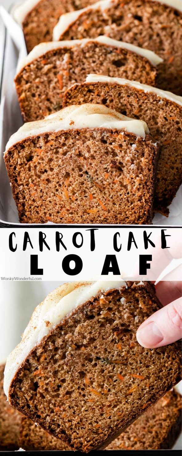 carrot cake loaf pinnable image with title text