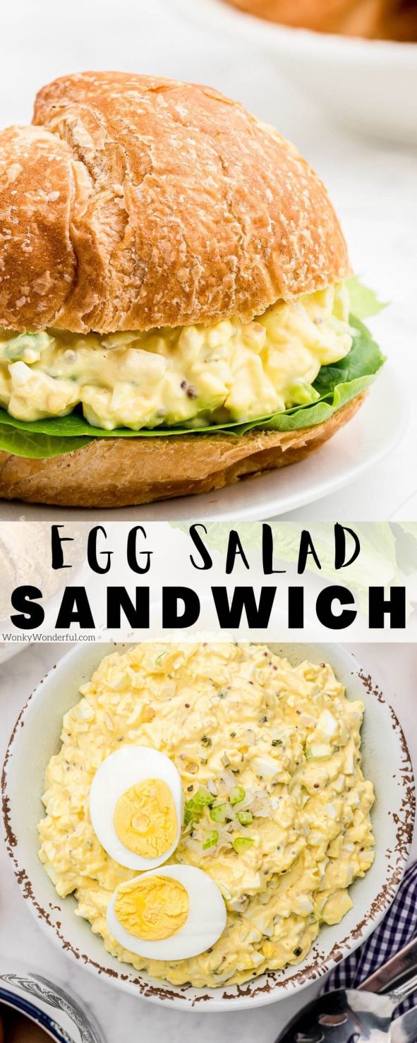 Make yourself an Egg Salad Sandwich for a quick, easy and nutritious meal. Starting with this basic egg salad recipe then create your perfect sandwich with add-ons to fit your preferences. #eggsaladsandwich #eggsalad egg salad sandwich pinnable image with title text