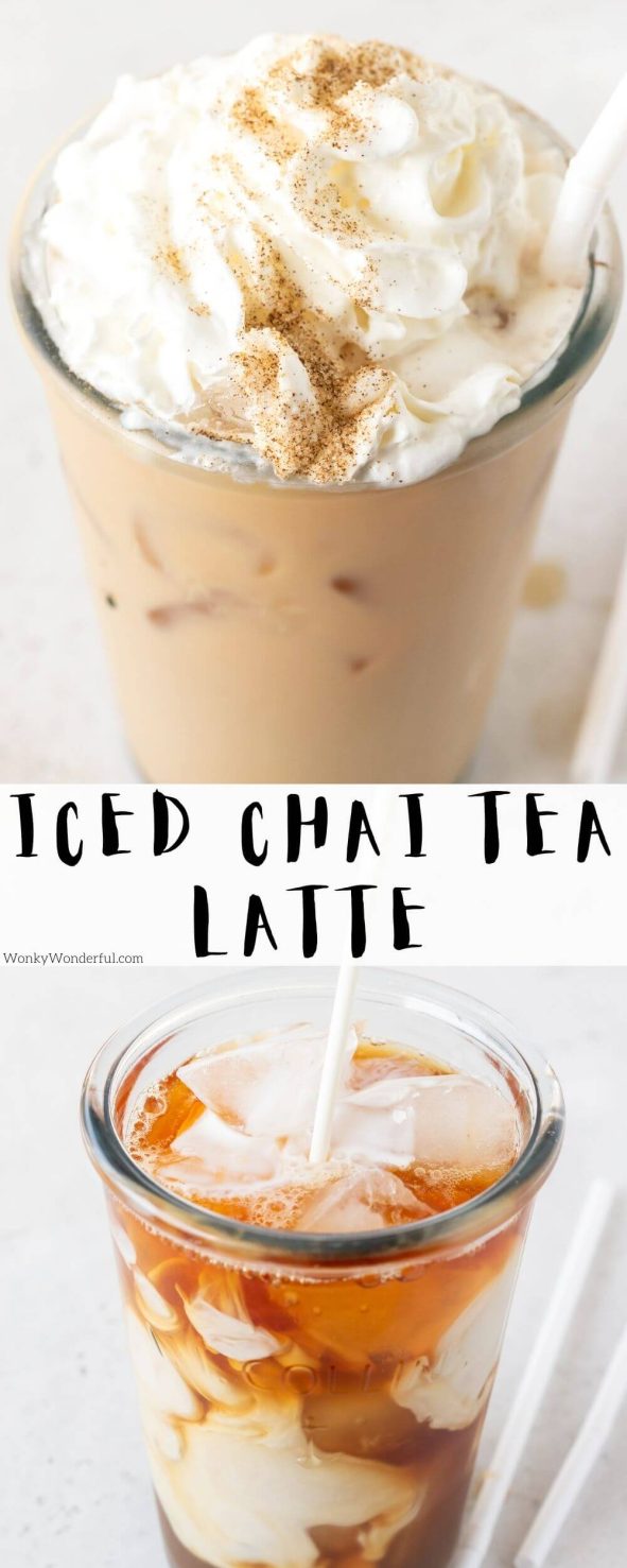 Make your favorite Iced Chai Tea Latte right at home. This coffee house chai drink is super quick and easy to make. iced chai tea latte pinnable image with title text