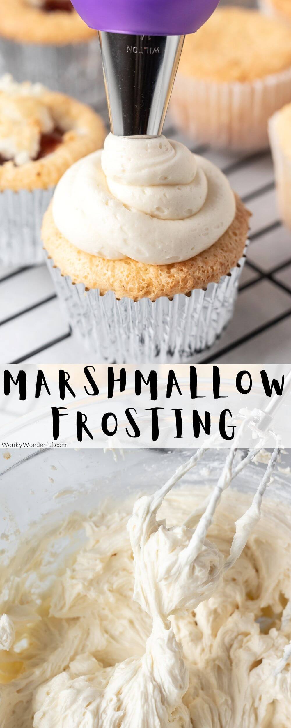 This Marshmallow Frosting Recipe is great for topping any cake. Buttercream icing with the addition of marshmallow fluff makes light as a cloud frosting with a hint of marshmallow flavor. marshmallow frosting pinnable image with title text