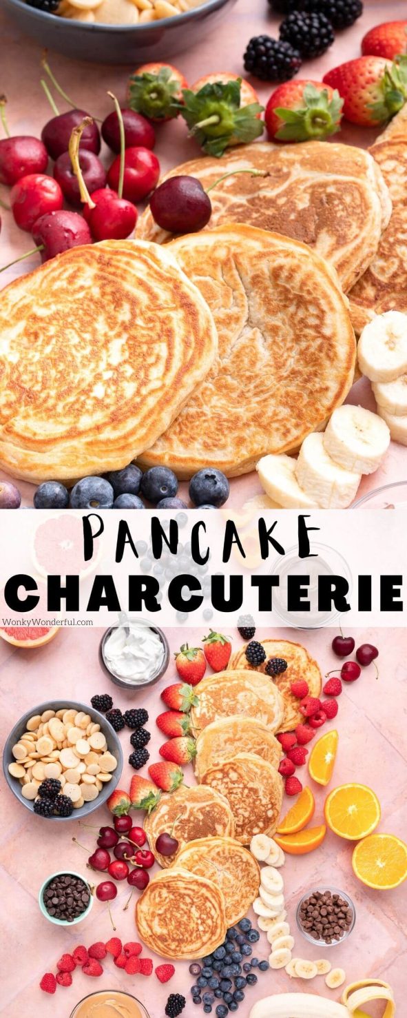 This super fun Pancake Charcuterie Board is perfect for holiday breakfast, Sunday brunch or if you want to do something special for Mom. Pancakes served with an assortment of fruits, toppings and syrups. Pancake Charcuterie Board pinnable image with title text