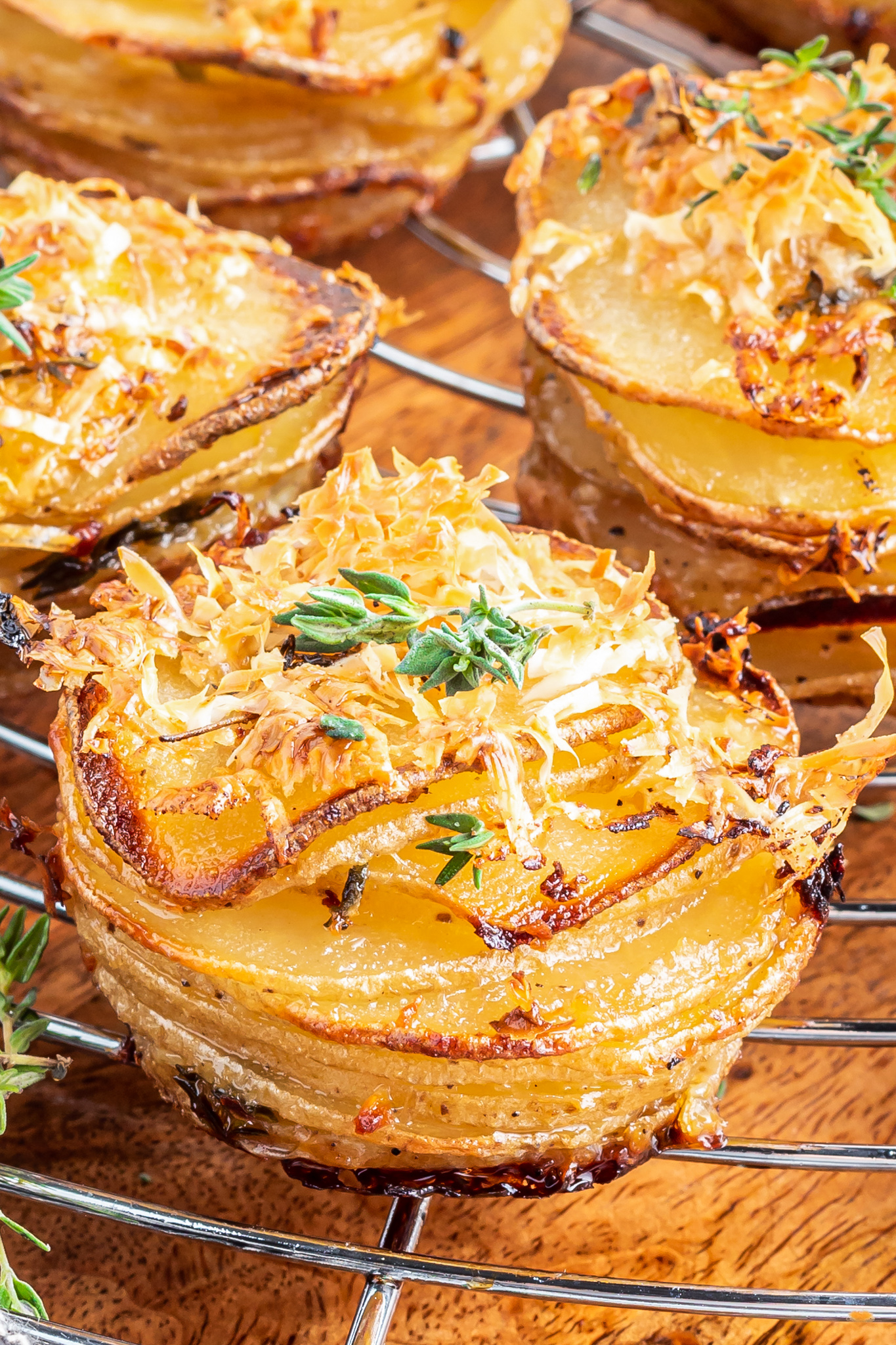 thin sliced roasted potatoes in a stack