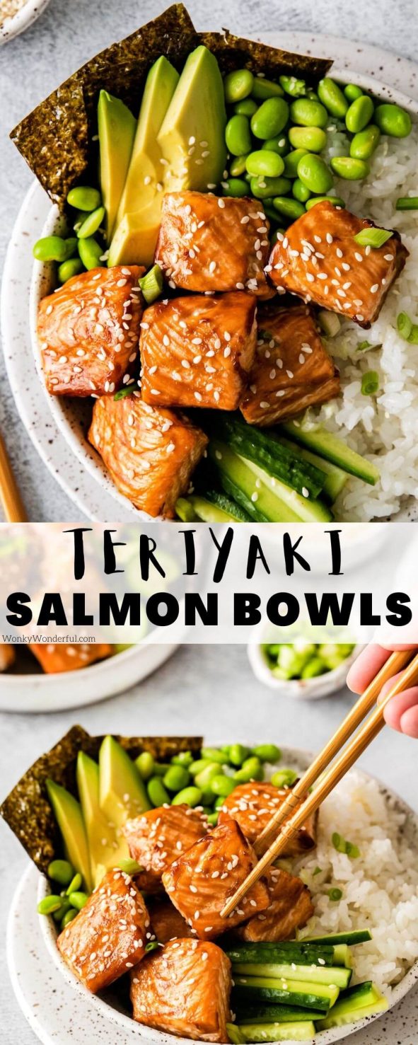 These Teriyaki Salmon Bowls bring the sushi house right to your kitchen. Sushi rice, teriyaki salmon, avocado, cucumber and spicy mayo make these healthy salmon and rice bowls extra flavorful. teriyaki salmon pinnable image with title text