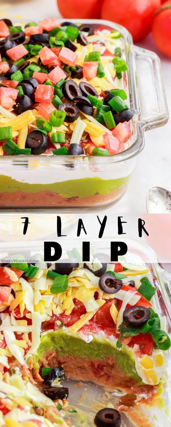Make this Easy 7 Layer Dip Recipe for barbecues, parties, potlucks or just to go with a taco dinner. Gorgeous layers of beans, salsa, sour cream, cheese, olive and guacamole for one show-stopping appetizer. 7 layer dip pinnable image with title text