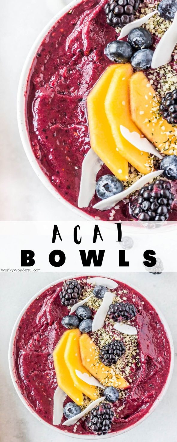 This Easy Acai Bowl Recipe is a nutritious breakfast or snack idea. Frozen açaí berry puree, berries, mango, almond milk and maple syrup make this outrageously delicious vegan treat. acas bowl pinnable image with title text