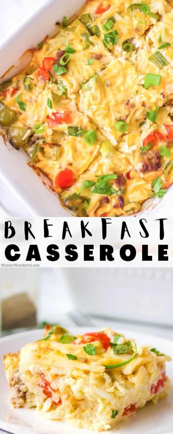 Make this Cheesy Hashbrown Sausage Breakfast Casserole to feed a hungry crowd in the morning. Sausage, eggs, cheese, peppers and hash browns baked to perfection. breakfast casserole pinnable image with title text