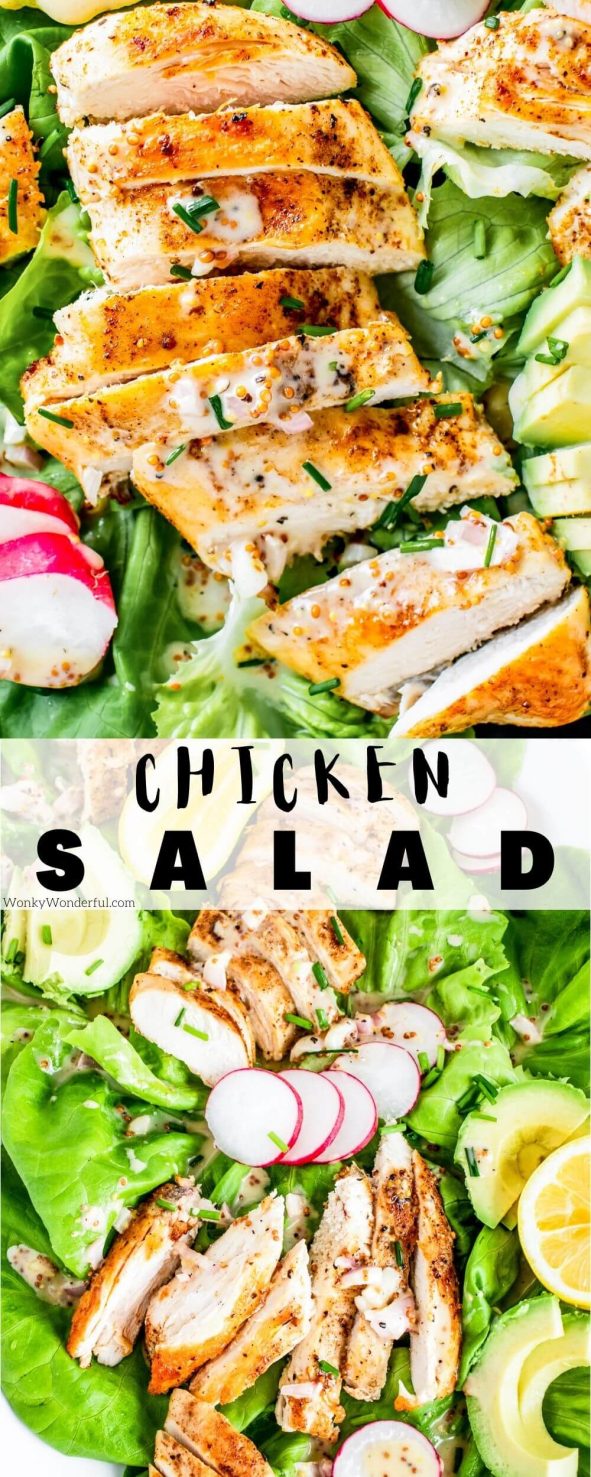 Make this Chicken Breast Butter Lettuce Salad for a light and healthy dinner. Pan fried chicken breast with butter lettuce, radishes and avocado tossed with dijon vinaigrette. butter lettuce salad pinnable image with title text