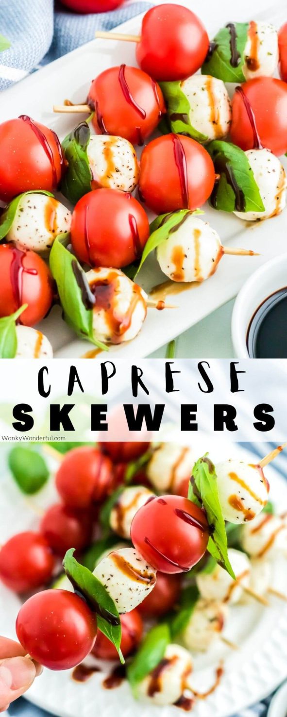 These Caprese Skewers are a quick and easy appetizer recipe that everyone will love. Mozzarella, tomatoes and basil drizzled with balsamic glaze served as a fun party finger food. caprese skewers pinnable image with title text