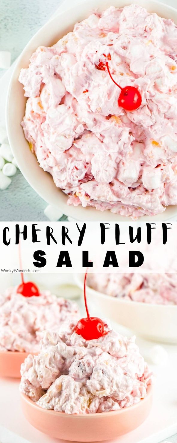 cherry fluff salad pinnable image with title text