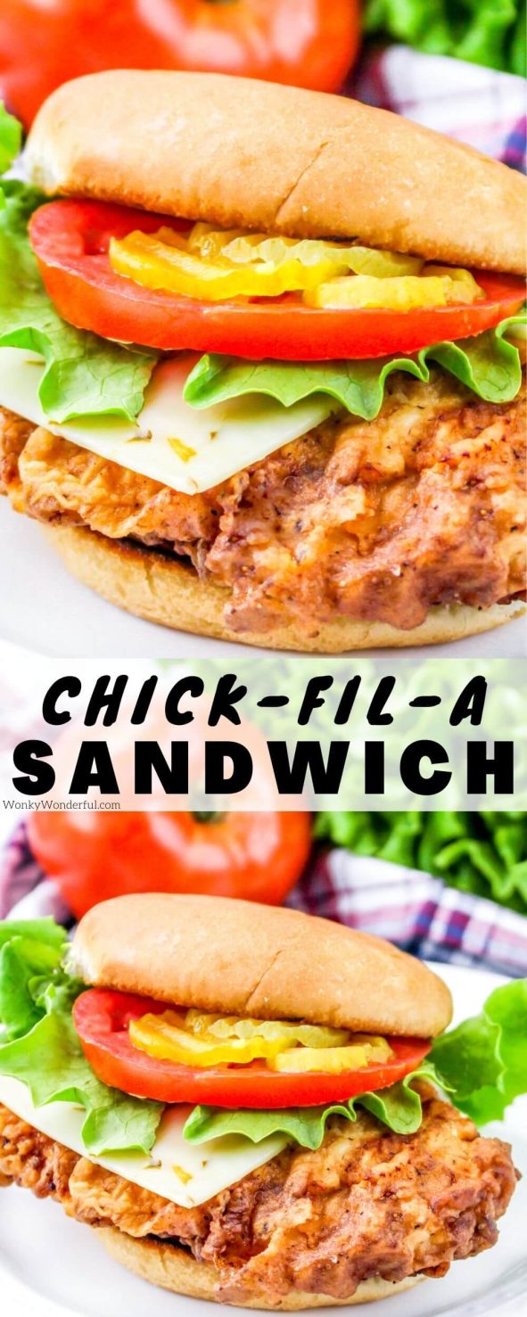Skip the drive-thru and make this Homemade Chick Fil A Chicken Sandwich right at home. Fried chicken breast, cheese, tomato, lettuce and pickle on a soft bun makes the perfect lunch or dinner. #chickensandwich #fastfoodrecipes chick fil a chicken sandwich pinnable image with title text